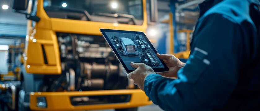 A skilled mechanic uses a tablet to diagnose complex issues in a diesel engine of a large truck, showcasing advancements in auto repair technology that have transformed modern garages