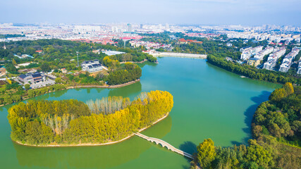 Nanyang Lake in autumn, city park scenery in Qingzhou