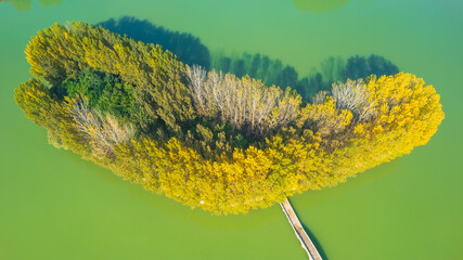 Aerial photo of a beautiful golden island in the middle of a lake surrounded by blue-green water