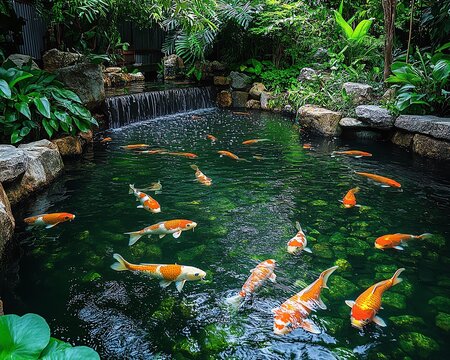 Tranquil pond scene featuring koi fish gliding gracefully through crystalclear waters, surrounded by lush greenery and vibrant aquatic plants