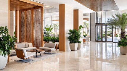 Fototapeta premium Modern Lobby Interior Design with Wood Accents and Greenery.