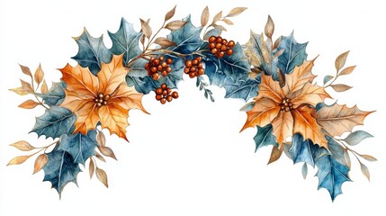 Hand-Drawn Christmas Wreath with Gold Poinsettias, Holly, Berries, and Ivy. Watercolor Design Isolated on White Background, Showcasing Festive Floral Elements for Holiday Decor.