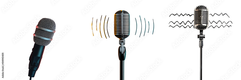 Wall mural Set of a microphone with sound waves, isolated on a transparent background.