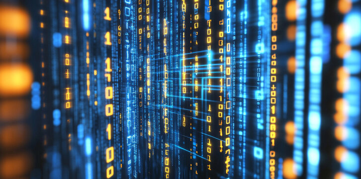 Futuristic blue technology background featuring glowing binary code and digital elements, creating sense of depth and innovation
