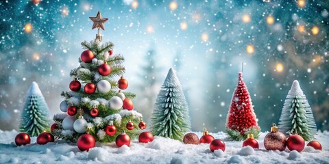 Obraz premium A Festive Winter Scene with a Decorated Christmas Tree Surrounded by Smaller Trees and Snow-Covered Ground