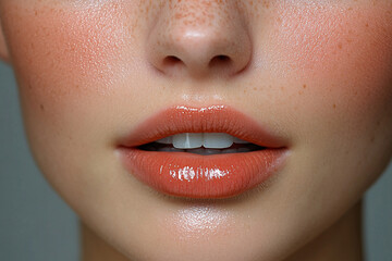 Fototapeta premium Close-up of a woman’s lips with natural peachy gloss, her freckled, glowing skin accentuating the smoothness and perfect symmetry of her mouth