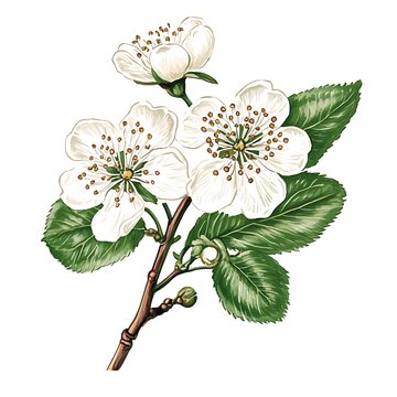 white flowers on branch, green leaves clip art preview