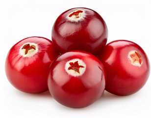 Obraz premium Five plump, red cranberries arranged in a pyramid shape, isolated on a white background