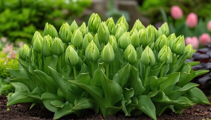 Lush spring garden featuring green unopened tulips, highlighting their unique shape and potential for beautiful blooms