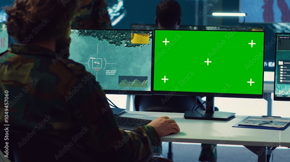 Poster team of it military specialists working with a greenscreen on a big display, searching for real time
