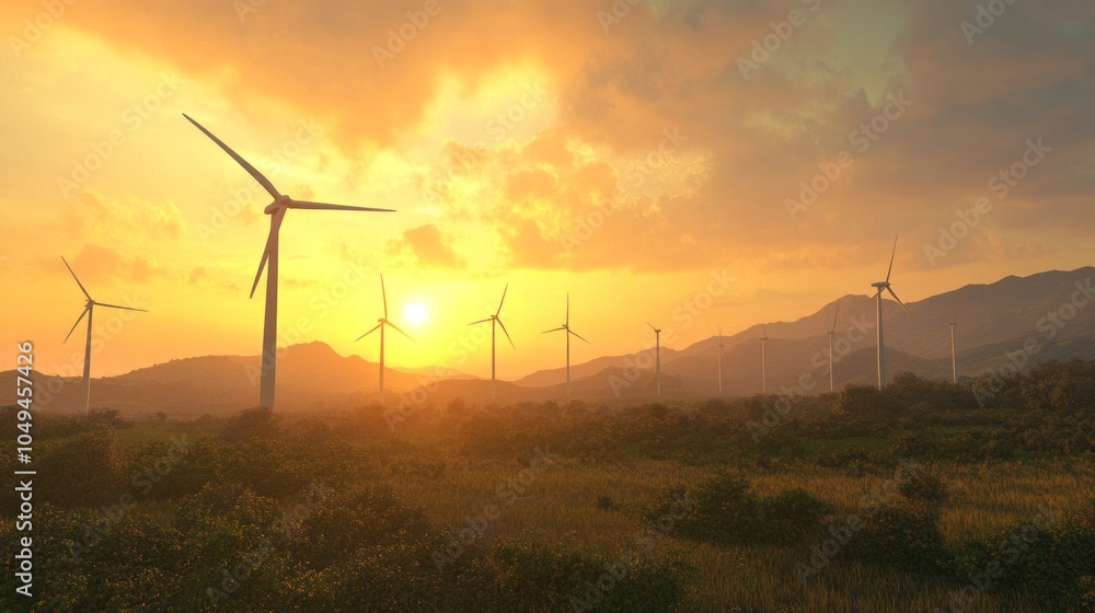 Poster a field of wind turbines with the sun setting behind them