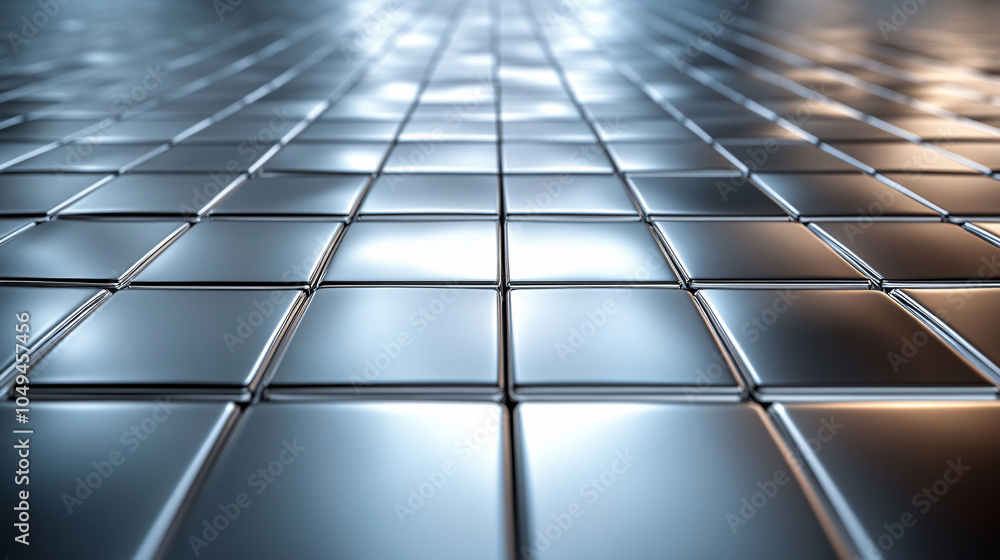Poster sleek, reflective metal squares form a grid, stretching into the distance, creating a smooth, futuri