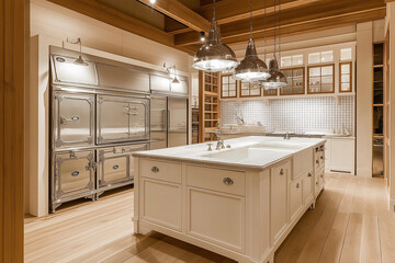 Fototapeta premium Elegant Farmhouse Kitchen with High-End Appliances, Blending Rustic Charm and Modern Sophistication