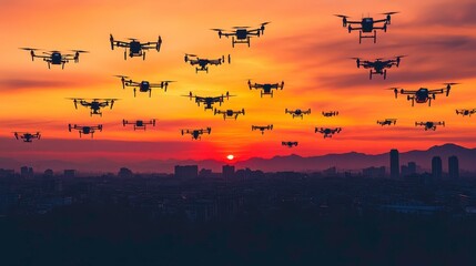 Drones capture stunning sunset over urban landscape aerial technology in action