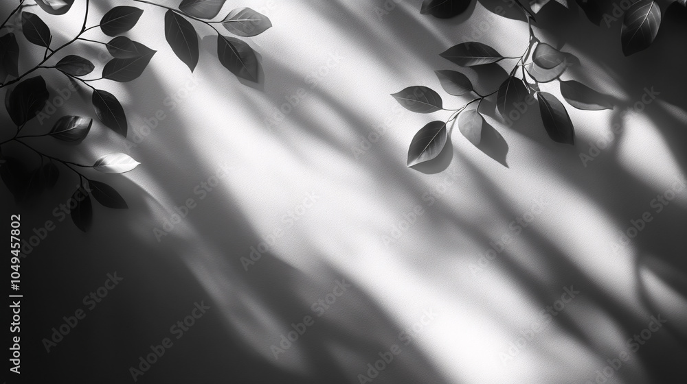 Poster sunlight filters through soft curtains, casting gentle shadows of leaves on a pristine white surface