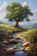 artistic representation of baobab tree in vibrant, colorful landscape with lively mix of flowers and flowing stream. magical, almost dream-like environment