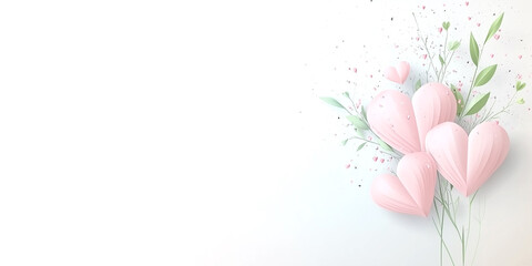 Naklejka premium A white background with pink hearts and green leaves. The flowers are made of paper and are arranged in a bouquet