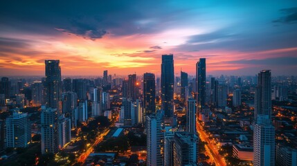 Obraz premium City skyline silhouetted against vibrant oranges, pinks, glowing lights. AI generated