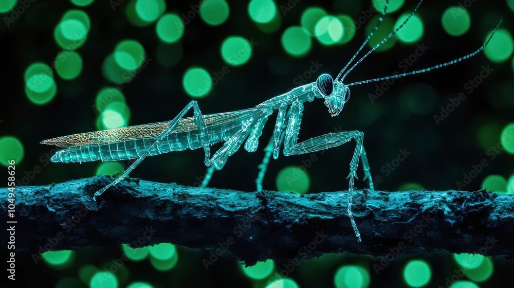 Poster a translucent insect on a branch with a glowing background