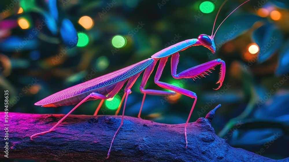 Poster stunning mantis on a branch with colorful bokeh background