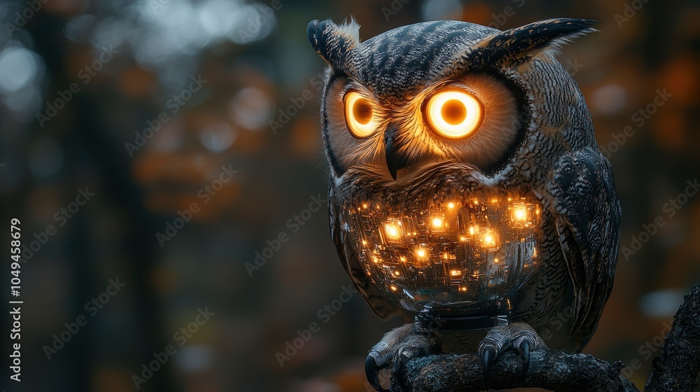 Poster glowing owl with light features perched on a tree branch