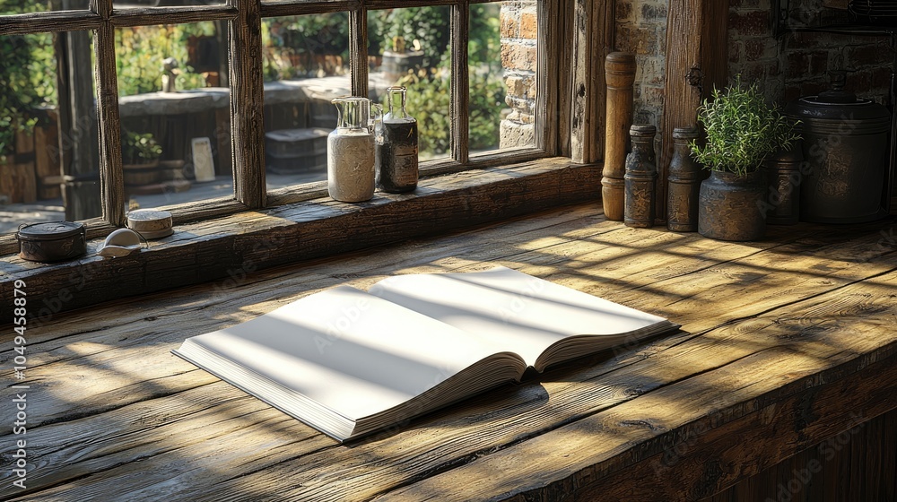 Poster an open book on a rustic wooden table by the window