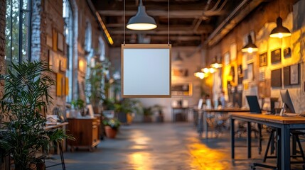 Fototapeta premium Modern workspace with hanging blank sign and warm lighting