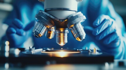 Scientific analysis: capturing lab scientist intently looking through microscope, meticulously studying intricate specimens, importance of detailed investigation, discovery in laboratory settings.