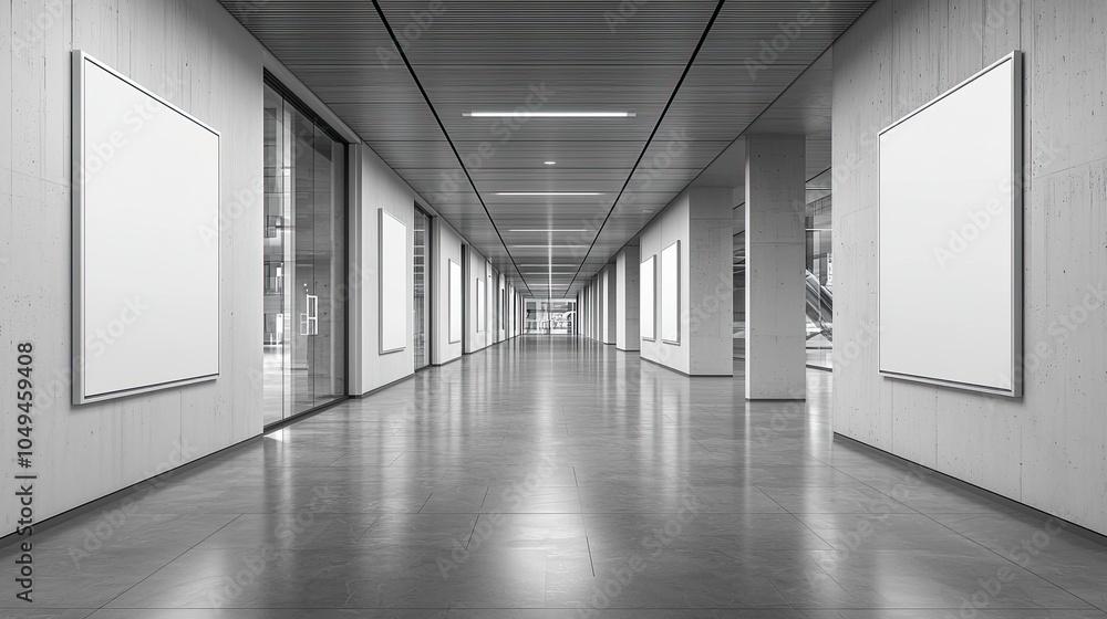 Poster modern gallery corridor with empty frames and polished floor
