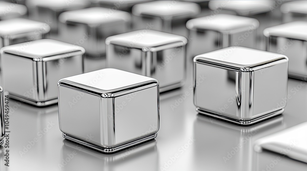 Poster shiny metallic cubes arranged in a grid on a reflective surface