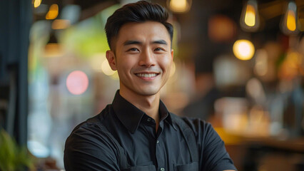 Fototapeta premium Asian Man Security Guard - smiling, man, portrait, casual, confident, young, happiness, indoors, lifestyle, male, employee, professional, friendly, style, arms crossed, café