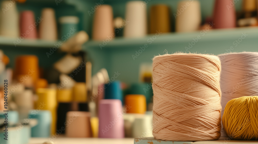 Poster colorful spools of thread are neatly arranged in a textile workshop, showcasing creativity in fabric