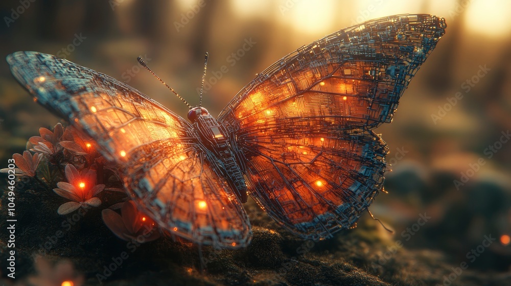 Poster a futuristic butterfly made of glowing circuits in a forest setting