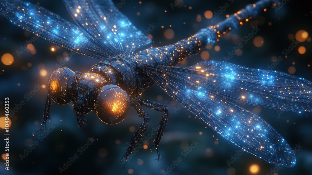 Poster glowing dragonfly with a constellation-like appearance in a dark background