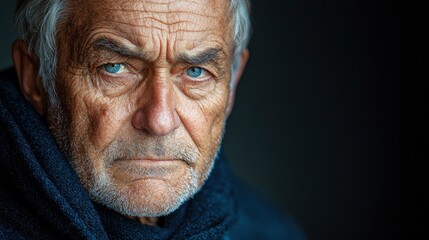 Obraz premium Intense expression of an elderly man with striking blue eyes