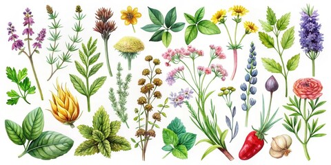 Naklejka premium A vibrant collection of watercolor botanical illustrations depicting a diverse array of flowering plants, herbs, and vegetables, showcasing the beauty and variety of nature's bounty