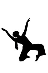 A silhouette of a kneeling woman with outstretched arms