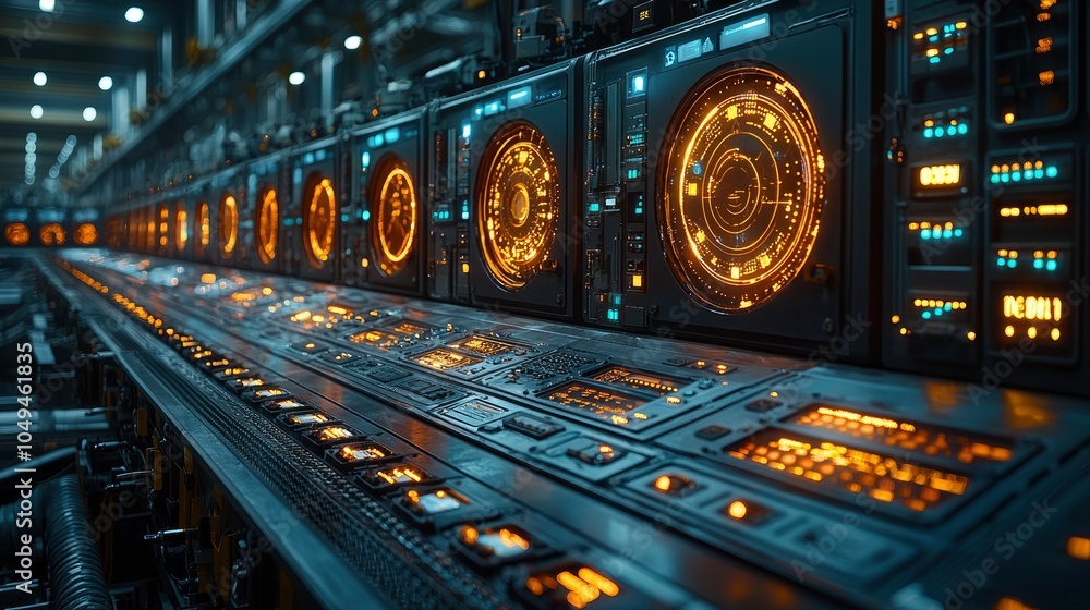 Poster futuristic control room with glowing interfaces and advanced technology elements