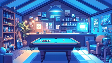 Blue and Brown Game Room with Pool Table Illustration