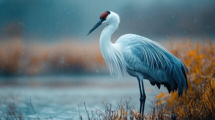 A white crane stands in a marsh with a blue and orange backdrop.  The crane is in focus while the background is blurred.
