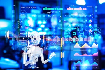 A robot is shown in a computer data analytics screen with a blue background. The robot is looking and data analysis customer The computer screen is filled with various graphs and numbers and customer 