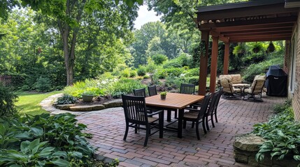 Obraz premium Serene Outdoor Patio in Lush Green Garden Setting