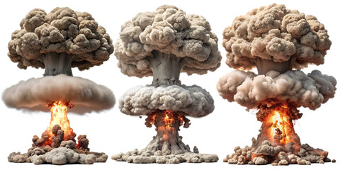 Set of nuclear explosions and mushroom cloud isolated on white background as transparent. PNG. AI GENERATED.