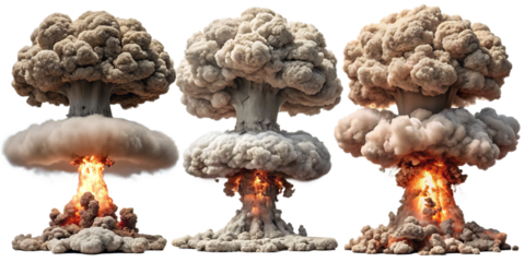 Set of nuclear explosions and mushroom cloud isolated on white background as transparent. PNG. AI GENERATED.