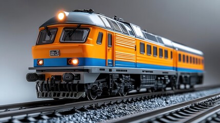 Fototapeta premium Detailed model train in vibrant orange and blue on tracks
