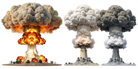 Set of nuclear explosions and mushroom cloud isolated on white background as transparent. PNG. AI GENERATED.