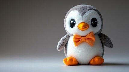 Adorable penguin plush toy with bowtie on gray background
