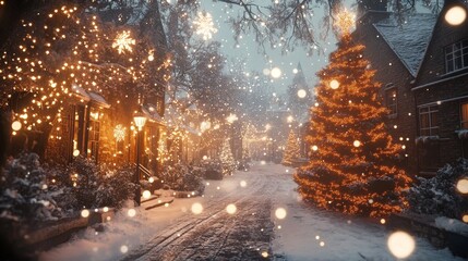The ultra realistic movie style snow Christmas town street scene captures the warm Christmas tree and dazzling holiday lights, creating a peaceful festive atmosphere