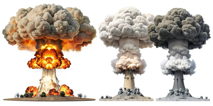 Set of nuclear explosions and mushroom cloud isolated on white background as transparent. PNG. AI GENERATED.