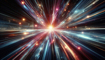 Futuristic light warp. Long exposure glow. Radial motion blur. Sci-fi speed lights. Glowing neon trails. Generative AI.